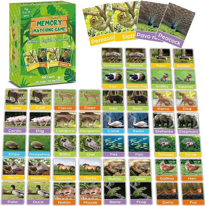 gisgfim 100 PCS Memory Matching Games Spanish English Bilingual Animal Memory Matching Games Educational Game for Kids and Adults A Fun & Fast Animal Game Toddlers Preschool Family Board Gift