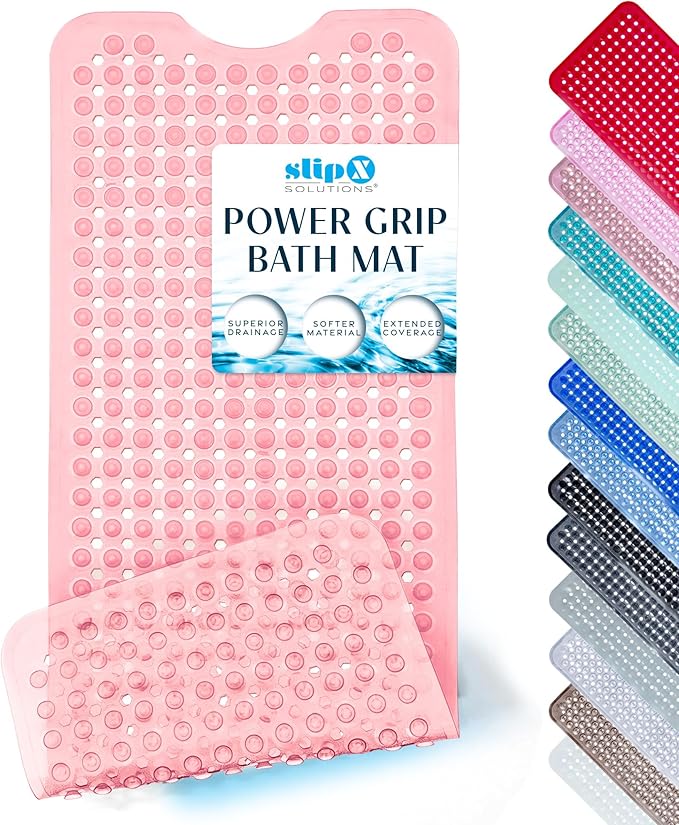 SlipX Solutions Power Grip Bathtub Safety Mat | Precision Grip Technology for Longer, Stronger, & Softer Wet Surface Protection | Clear Coral 39"x16"
