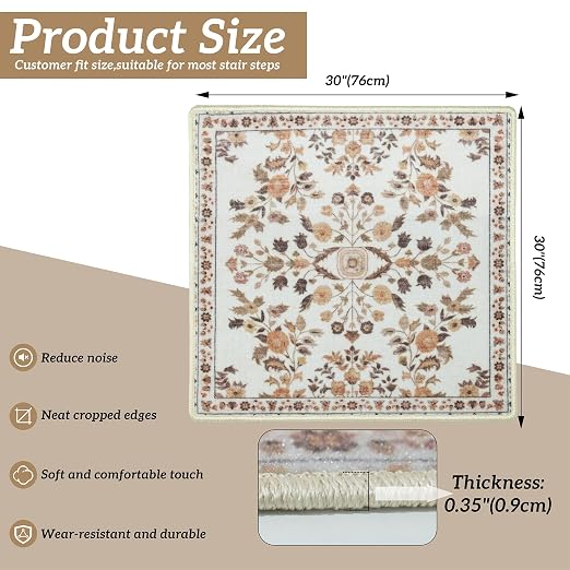 RORA Stair Treads Landing Mat, 30x30 Stair Landing Rug for Indoor | Non-Slip, Washable, For Wooden Steps, Floral Design, Stair Rugs Mat for Pets, Brown