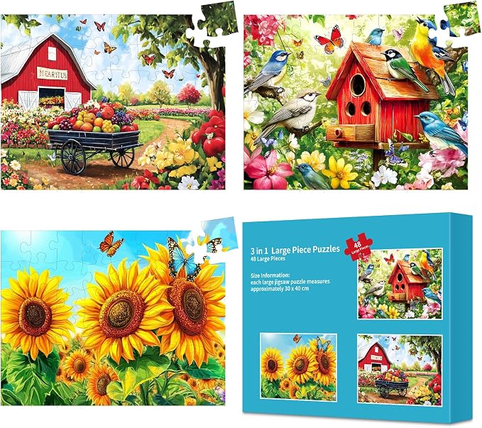 3 Pack 48 Large Piece Puzzles for Seniors, Dementia Alzheimer's Products Activities for Elderly Adults,Alzheimer’s Puzzle Memory Cognitive Games Easy Jigsaw Puzzle Gifts with 3 Storage Bags