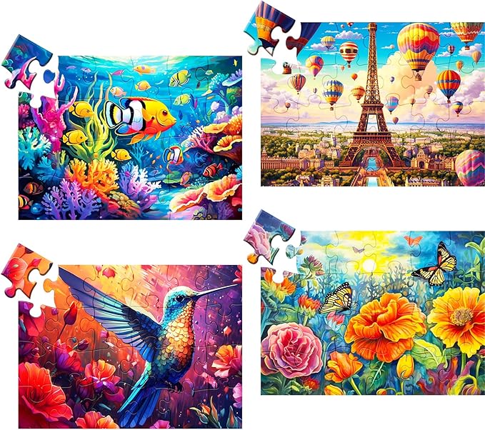 4 Pack Large Piece Puzzles for Seniors With Dementia and Alzheimer's - 24 Piece Jigsaw With Fish, Tower, Hummingbird, Flower Themes - Memory Games for Elderly