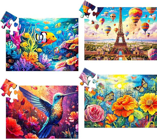 4 Pack Large Piece Puzzles for Seniors With Dementia and Alzheimer's - 24 Piece Jigsaw With Fish, Tower, Hummingbird, Flower Themes - Memory Games for Elderly