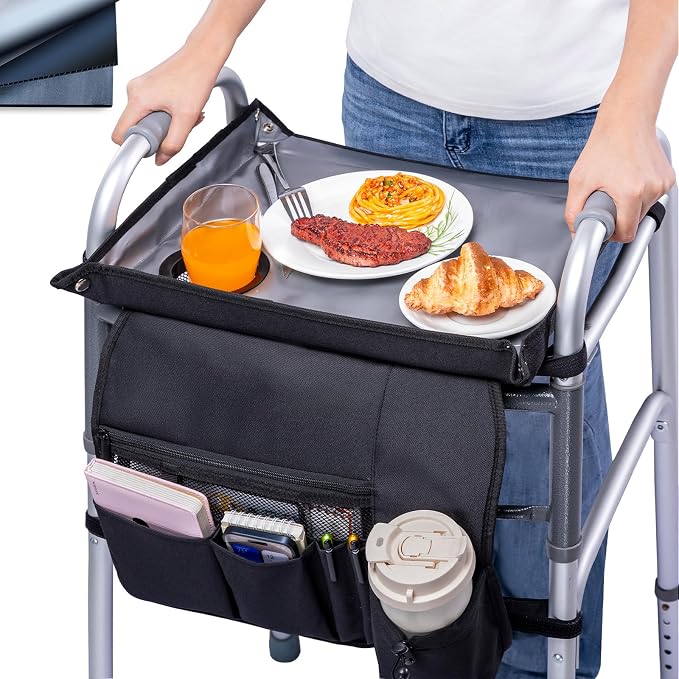BAGSFY Walker Tray with Cup Holder & Front Walker Bag, Walker Basket for Seniors | Sturdy, Easy-Clean Tray with PEVA Surface | Universal Fit for Standard Walkers, Walker Accessories for Elderly