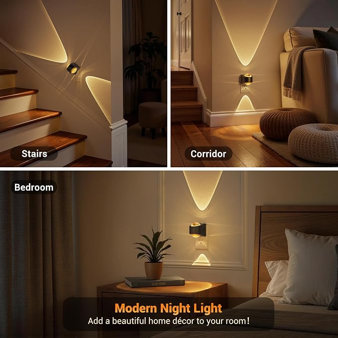 JandCase Night Lights Plug into Wall, 3000K Warm White Projector Night Light, Dusk to Dawn Sensor Night Light Plug in, Dimmable Night Light with Brightness Memory for Bedroom Hallway Stair Nursery