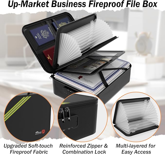 Large Fireproof Document Box with Lock,Upgraded Waterproof Fireproof Document Bag,Important Document Organizer Binder Hard Case Safe,5200℉ Fire Proof File Box,Portable for Business Travel Home