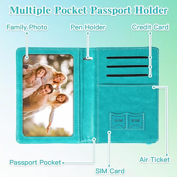 Passport Holder for Travel, RFID Blocking Passport Cover with Pen Holder Leather Passport Wallet Case Travel Must Haves Accessories Passport Book Card Holder for Family Travel Essentials, Turquoise