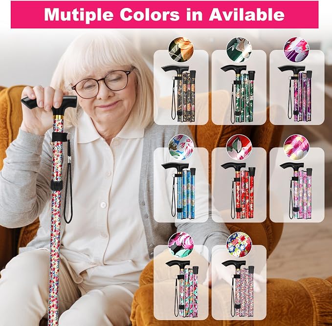 MFE Folding Cane, Portable 5-Level Adjustable Height Walking Stick with Foldable Design, Wrist Strap, and T Handle for Men and Women