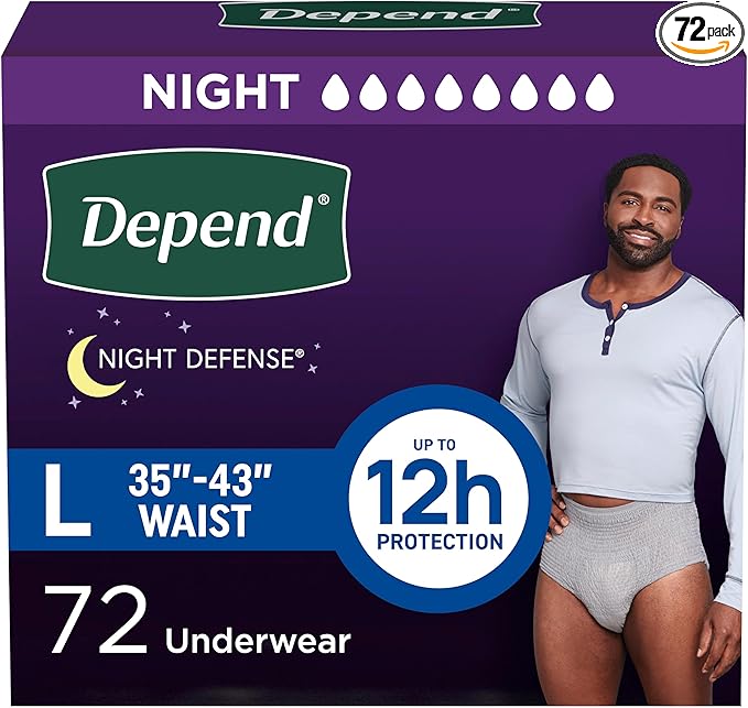 Depend Night Defense Adult Diapers, Incontinence Underwear for Men, Disposable, Overnight, Large, Grey, 72 Count, Packaging May Vary
