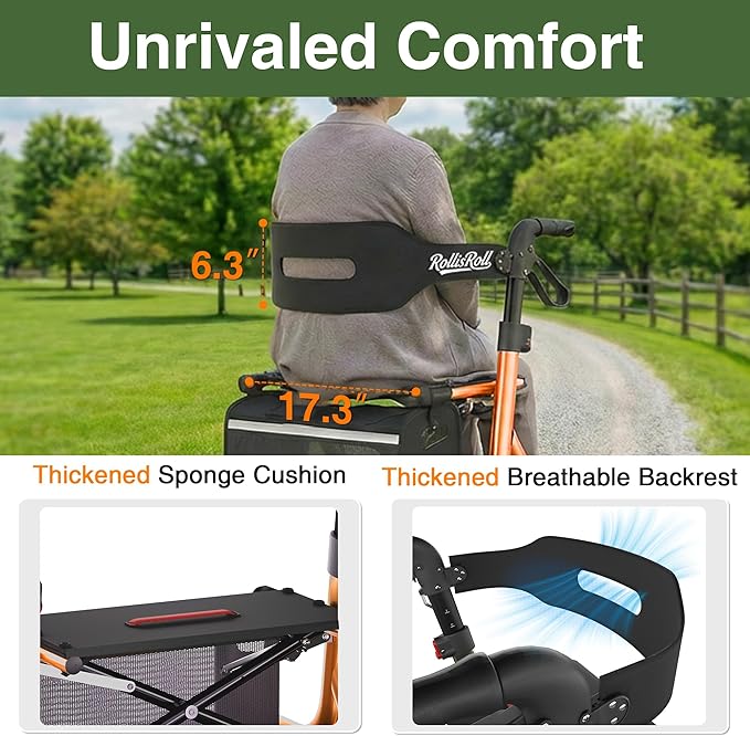 Walkers for Seniors, Rollator Walker with Seat, 12" Big Rubber Wheels All Terrain Rolling Walker with Backrest, Foldable Rollator Walker, Reinforced Aluminum Frame, Built-in Cable, Orange