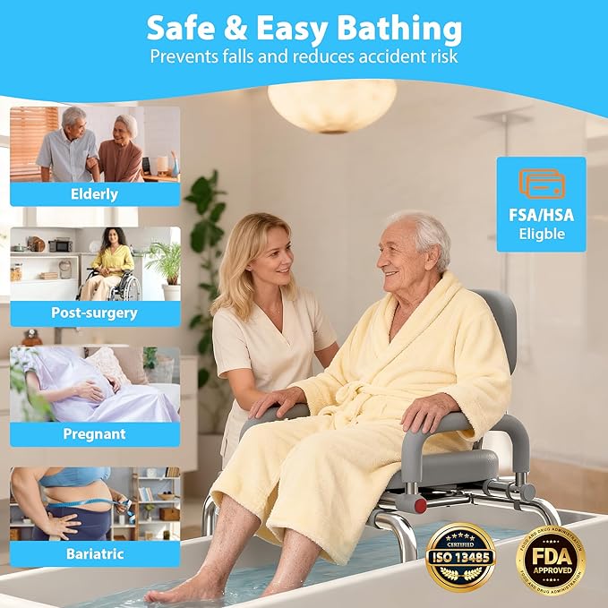 Sliding Shower Chair Tub Transfer Bench with 360°Swivel Seat,Anti-Slip Design,with Security Belt for Elderly and Disabled,Adjustable Height with one Touch Slide Button,Gray