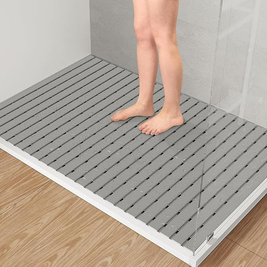 Yolife PVC Large Shower Mat, 35.4 × 24 Inch Non Suction Cup Non Slip Shower Floor Mat, Easy to Cut & Curlable Stand Up Shower Stall Mat, Heavy Duty Bath Shower Mats for Inside Shower