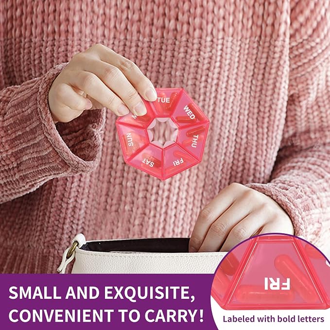 6 Count Heptagon Weekly Pill Organizers – 7-Day Pill Boxes with Mon–Sun Labels, 3.27" Portable Vitamin Case, Secure Snap Lids, 9 Color Sets for Travel & Daily Storage