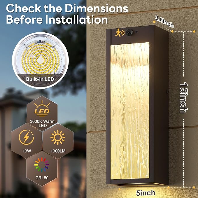 2 Pack LED Outdoor Wall Light Dusk to Dawn Oil-Rubbed Bronze Porch Light | Motion Sensor, 3 Lighting Modes, Water Ripple, Exterior Lighting Fixtures, 15 Inch Outside Lights Anti-rust for House, Garage