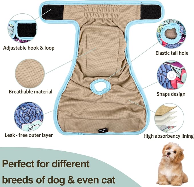 Washable Female Dog Diapers - Premium Reusable Diapers for Doggie in Heat - Highly Absorbent Dog Diapers Female for Pet Incontinence with Adjustable Snaps (Succulents，S)