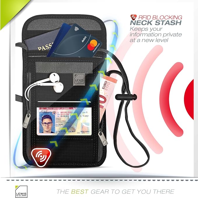 Lewis N. Clark RFID Blocking Stash Neck Wallet, Travel Pouch + Passport Holder for Women & Men, Black