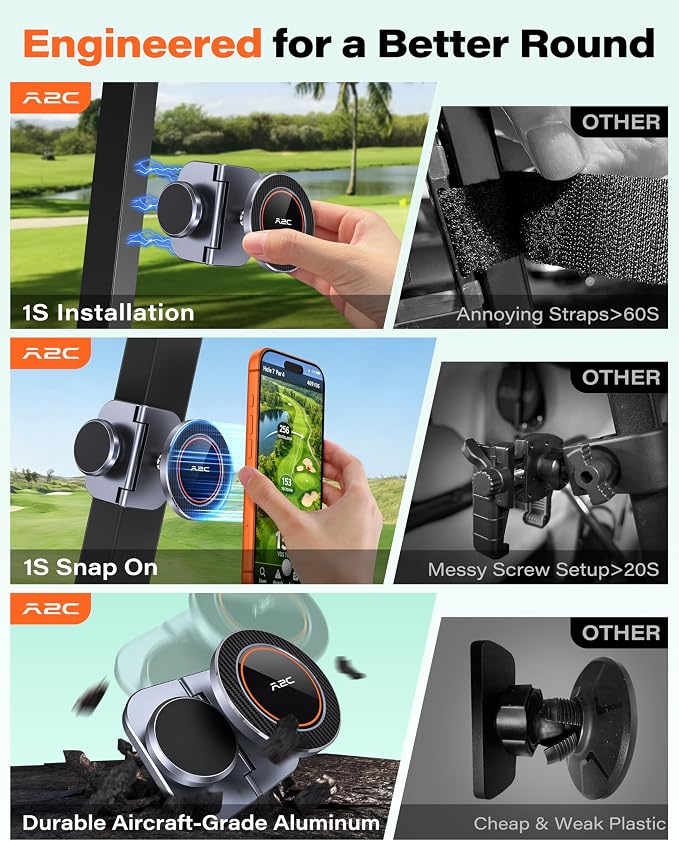 A2C Original Fold-Magnet Golf Cart Phone Holder with Rangefinder Mount, CNC Aircraft-Grade Aluminum Alloy, Premium Fathers Day Golf Gifts for Men Dad Him Women, Golf Accessories Essentials Gadgets