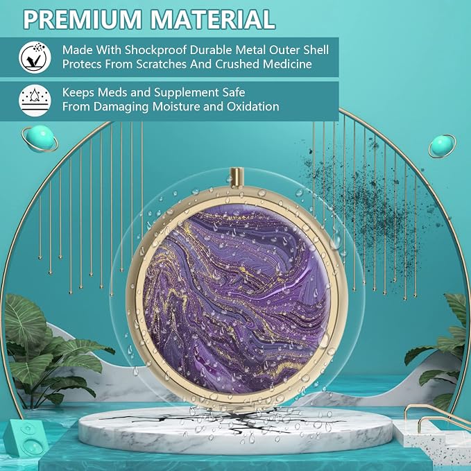 Pill Case Pill Box with Mirror Retro Small Pill Case for Purse or Pocket Bronze Pill Box or Vitamins, Fish Oil, Supplements, Pill Containe Travel Gifts（2PCS-）