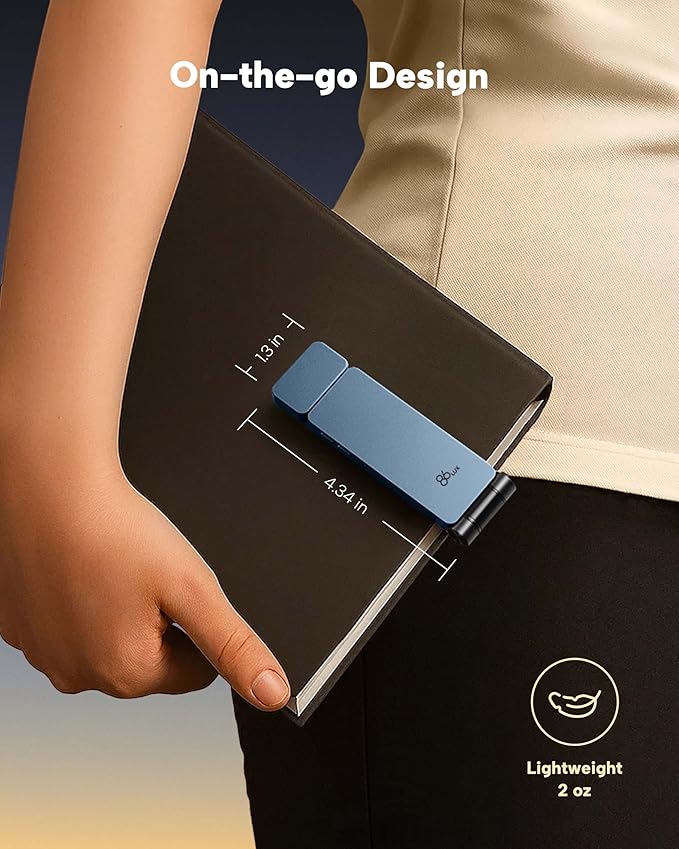 86lux Book Light, Rechargeable Clip-On LED Reading Light for Bed & Night Use - 3 Color Temperatures with Stepless Dimming, Ultralight Bookmark Design for Kids, Book Lovers, Blue