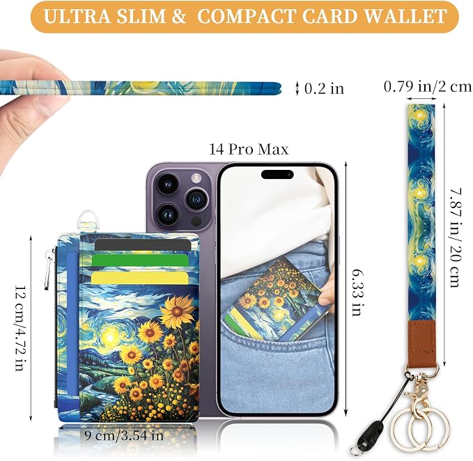 Hancynir Sunflower Slim Wallet Women Credit Card Holder Wristlet RFID Small | Cute Keychain Lanyard Wallet, Travel Zipper Coin Pocket, Ladies Gifts Women, Minimalist Card Case, 6 Card Slots, PU Leather