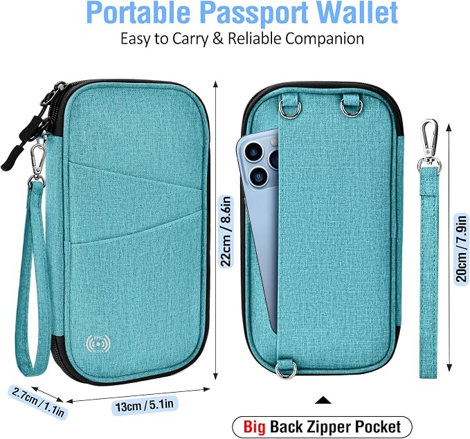 BKNOOU Family Passport Holder RFID Blocking Travel Document Organizer | Large Capacity (5 passports+13 cards), RFID Blocking, Air Travel Essentials, Detachable Wrist Strap and Shoulder Strap