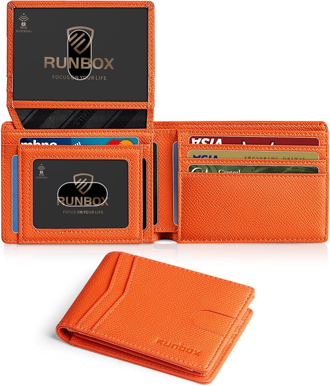 RUNBOX Wallet for Men -Slim Rfid Leather Mens Bifold Novelty Wallets 2 ID Window With Gift Box Men's Accessories | Minimalist Front Pocket Design, Holds 15 Cards, Large Capacity with Cash Pocket,Compact and Thin, Birthday Gifts for Men