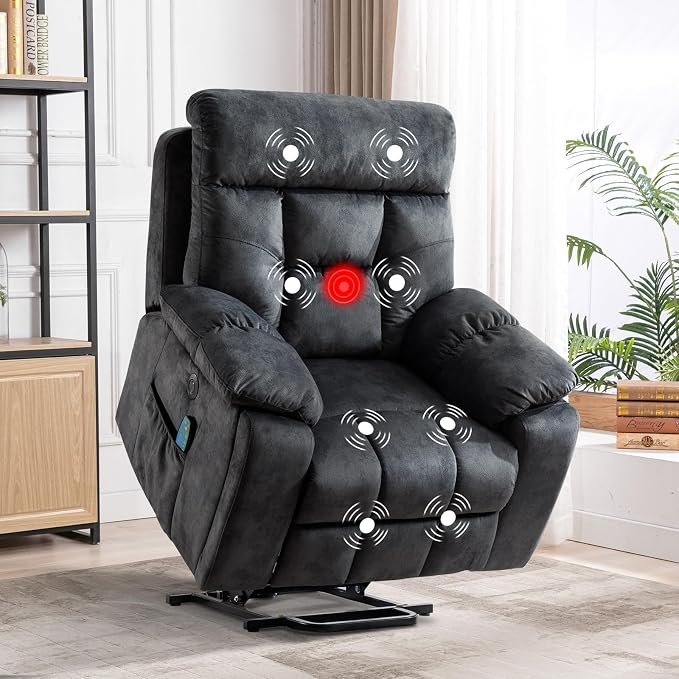 Large Power Lift Recliner Chair with Massage and Heat for Elderly Big and Tall People, Overstuffed Wide Recliners with 2 Cup Holders, Side Pocket and USB Port, Grey