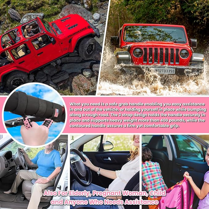 4 x Roll Bar Grab Handles Grip Handle for Jeep Wrangler JK JKU JL JLU TJ YJ Sport Sahara Freedom Rubicon Unlimited Gladiator JT 1955-2023 UTV ATV Premium Paracord Interior Accessories US Flag (Pink)
