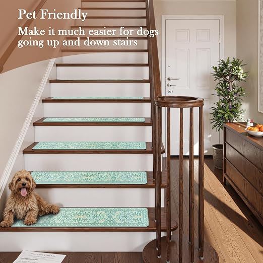 OJIA Blue Stair Treads Non Slip 15PCS 8"x30" Stair Runners for Wooden Steps | Floral Rubber Carpet Stair Treads Stair Runner Indoor Mats Residue-Free Staircase Step Treads for Kids, Elders, Pets