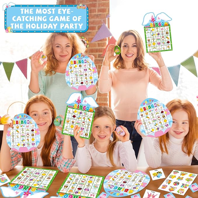 Lonfliness 39Pcs Easter Bingo Game for Adults Kids 24 Players Easter Bunny Egg Shape Bingo Game Cards with Reward Stickers for Family Friends Large Group Activities Happy Easter Spring Party Favors