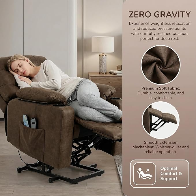 Electric Power Lift Recliner Chair for Elderly, Lift Recliner Chair with Massage and Lumbar Heat, 150° Reclining Chair with Cup Holders, Side Pockets and Remote Control, Ideal for Living Room (Brown)