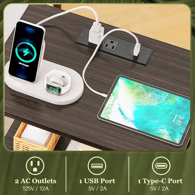 SUPERJARE Nightstand with Charging Station, USB-C Port, Bedside Table | Night Stand for Bedroom, with Adjustable Fabric Drawer, 3-Tier Storage End Table, for Living Room, Walnut
