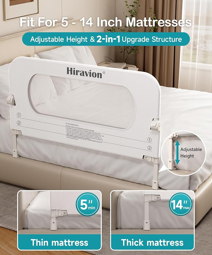 Bed Rail for Toddlers - 59 Inch Foldable Baby Guard | Height Adjustable | Foldable | Fits Full/Queen/King/Twin Beds | U-shape base provides Safety sleep protection | White
