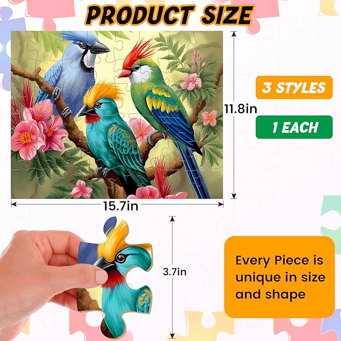 3 Pack 48 Piece Jigsaw Puzzle for Seniors Dementia Puzzles for Elderly Large Piece Puzzle for Seniors Dog Bird Dementia Alzheimer's Products Activities for Seniors Nursing Home Gift 15.7 * 11.8IN