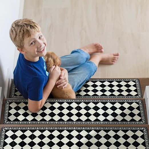 Boho Stair Treads Non Slip - Carpet Stair Treads for Wooden Steps Indoor, Stair Rugs for Kids, Elders and Dog, Stair Runners for Wooden Steps, 1 pc