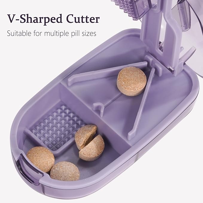 Pill Cutter Splitter for Small and Tiny Pills, or Large Pills. V-Shaped Design for Multiple Sizes. Safety Blade Guard. Loss-Proof Built-in Small Brush & Sliding Door Pill Storage (Olive)