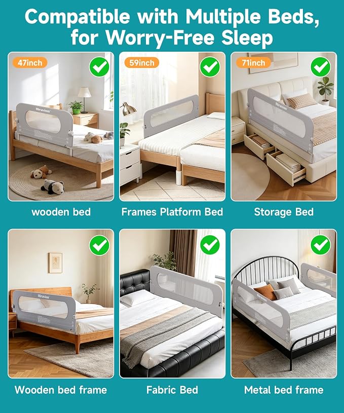 Bed Rail for Toddlers - 71 Inch Foldable Baby Guard | Height Adjustable | Foldable | Fits Full/Queen/King/Twin Beds | U-shape base provides Safety sleep protection | Grey