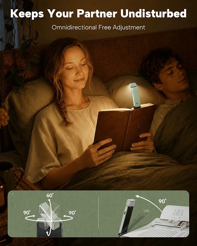 86lux Book Light, Rechargeable Clip-On LED Reading Light for Bed | 3 Color Temperatures with Stepless Dimming, Ultralight Bookmark Design for Book Lovers, Mint Green