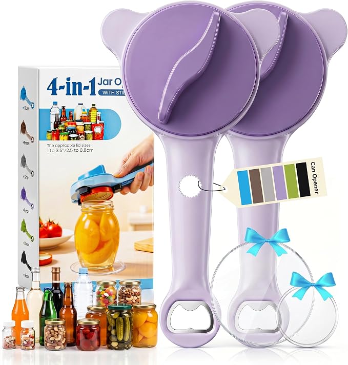 2026 Upgraded 4-in-1 Jar Opener - Adjustable Stainless Steel Lid Remover for Seniors & Arthritis Sufferers, Fits Kitchen Jars, Bottles & Cans Purple(2Pcs)