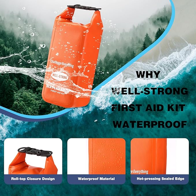 WELL-STRONG Boat First Aid Kit with Survival Tools, 123pcs Waterproof Emergency Marine Kit with Buckles, Compact Boat Safety Accessories for Fishing Kayaking Boating Camping Rafting Beach Orange