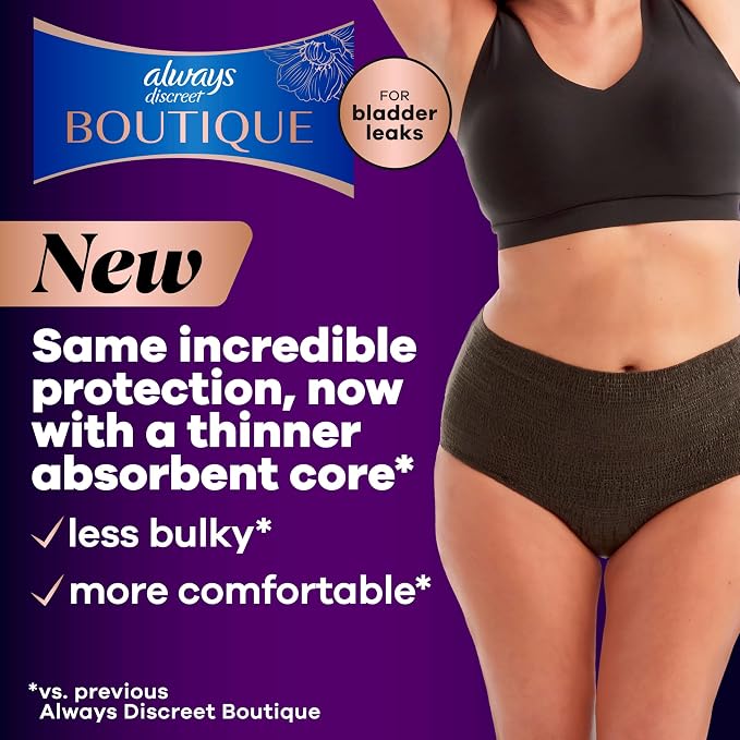 Always Discreet Boutique Incontinence and Postpartum Underwear for Women, Maximum Protection, Extra Large, Black, 16 Count