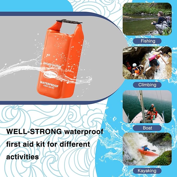 WELL-STRONG Boat First Aid Kit with Survival Tools, 123pcs Waterproof Emergency Marine Kit with Buckles, Compact Boat Safety Accessories for Fishing Kayaking Boating Camping Rafting Beach Orange