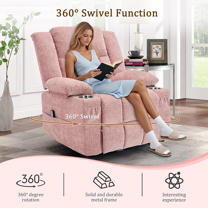 Korser 360° Swivel Rocker Recliner for Adults, Nursery Glider Recliner with Massage and Heating, Rocking Chair with Cup Holder, Manual Recliner Chair for Living Room, Bedroom (Fabric, Pink)