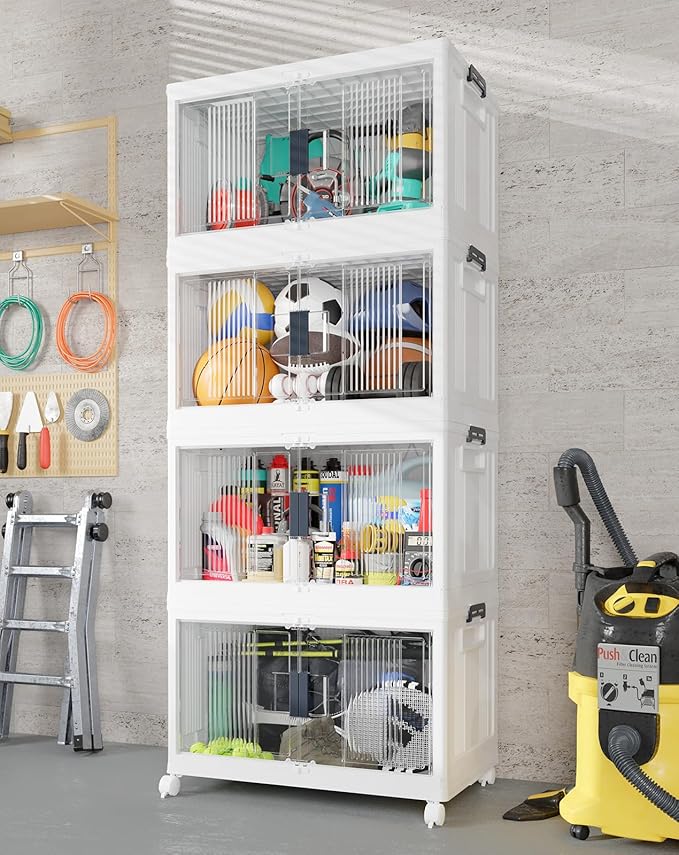 OlarHike 97QT Stackable Storage Bins with Lids - Folding Storage Box with Doors and Wheels, Collapsible Plastic Storage Drawers for Closets and Organization, Garage, 4 Pack Cubes