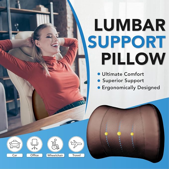 Lofty Aim Lumbar Support Pillow for Car, Car Seat Back Support for Driving | Memory Foam Car Lumbar Support for Driving Seat, Car Back Cushion, Adjustable Straps, Lower Back Pillow, PU Leather, Brown