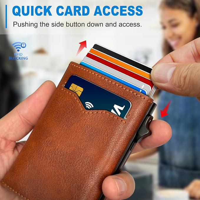 Wallet for Men,with Cash Pocket 2 ID Window 9-13 Cards,Metal Case Smart Slim Pop Up Credit Card Holder Flip with Magnetic Closure RFID Blocking Trifold wallet with Gift Box