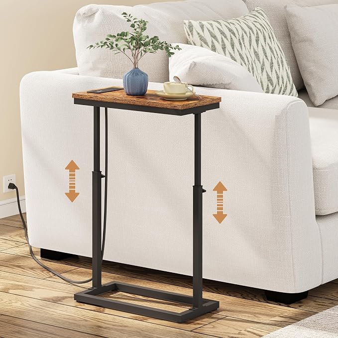 TUTOTAK End Table with Charging Station, Side Table, Tall Couch Table | Sofa Table, for living Room, Bedroom, Brown TB01BB084