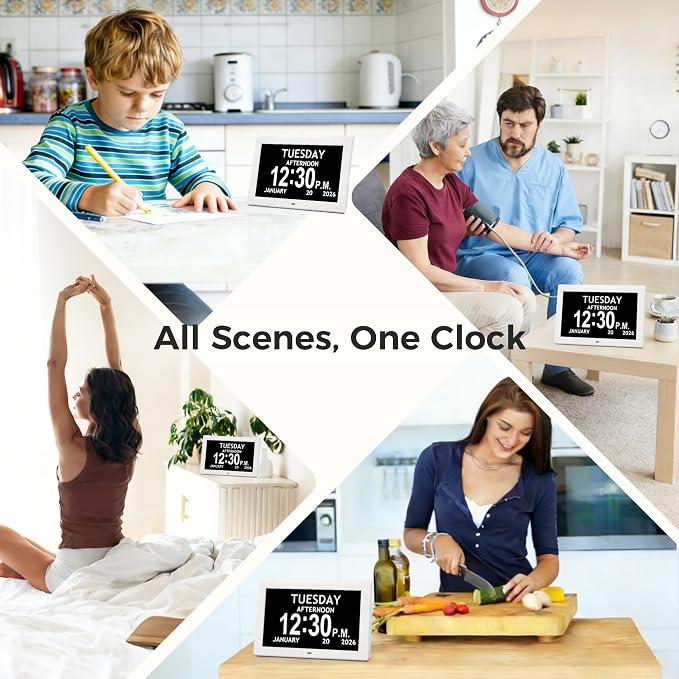 10.1'' Digital Clock With Date And Time, Large Display Dementia Alarm Clock | 1280*800P HD, Easy to See Date Time Day of Week, Reminders & Alarms, Auto DST, Gifts for Alzheimer Dementia Elderly, White