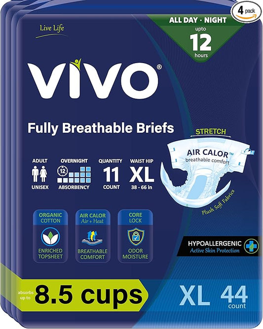 VIVO Organic Cotton Overnight Sensitive Skin Adult Incontinence Diaper Briefs with Tabs, X-Large 44 Count