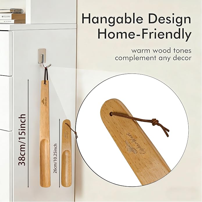 Wooden Shoe Horn Set, 15'' Long Handle for Seniors & Adults, 10.25'' Short Shoe Spoon for Kids, 2-Pack Boot Horn