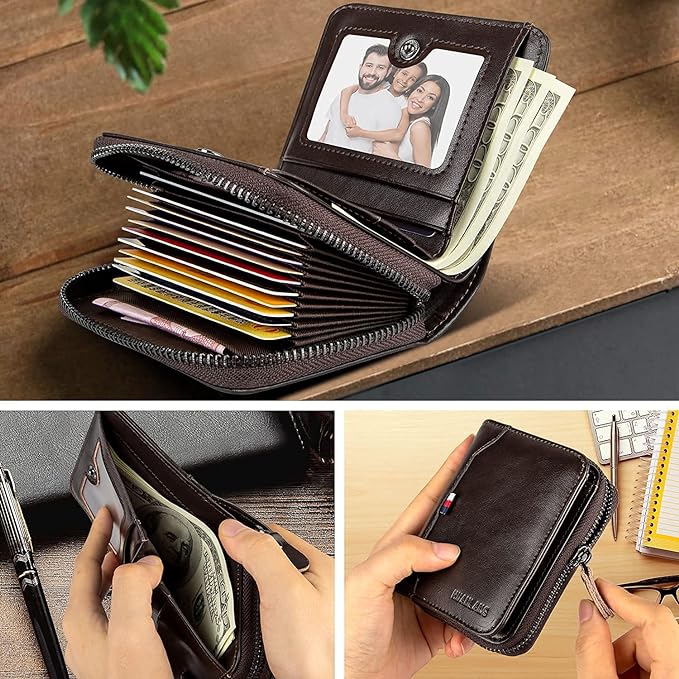 HUANLANG Mens Wallet RFID Blocking Multi Card Holder Wallets for Men Bifold Wallet with Zipper Small Men's Leather Wallet